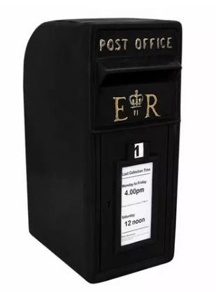 Prop Hire Bucks black cast iron ER post box for wedding cards and gifts. Available in Buckinghamshire, Bedfordshire, Northamptonshire and Oxfordshire.