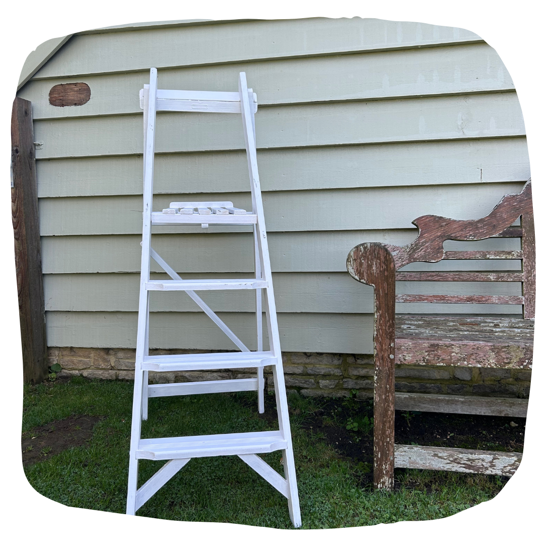 Prop Hire Bucks vintage white ladder for wedding decor and event styling available in Buckinghamshire, Bedfordshire, Northamptonshire and Oxfordshire.