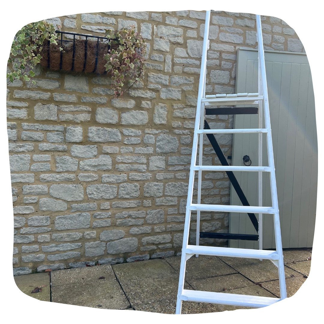 Prop Hire Bucks vintage white ladder for wedding decor and event styling available in Buckinghamshire, Bedfordshire, Northamptonshire and Oxfordshire.