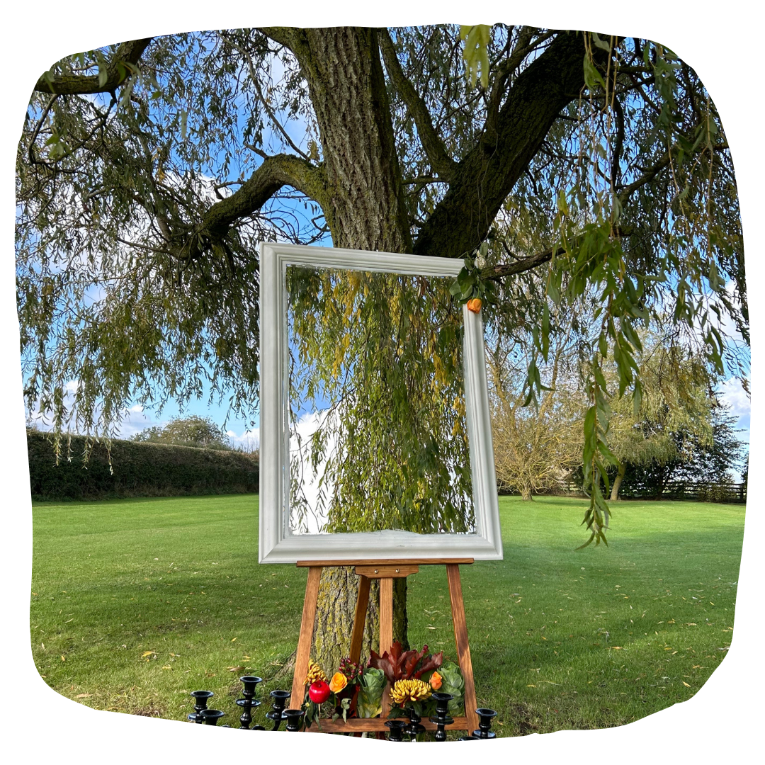 Prop Hire Bucks white wooden mirror for wedding decor and event styling available in Buckinghamshire, Bedfordshire, Northamptonshire and Oxfordshire.