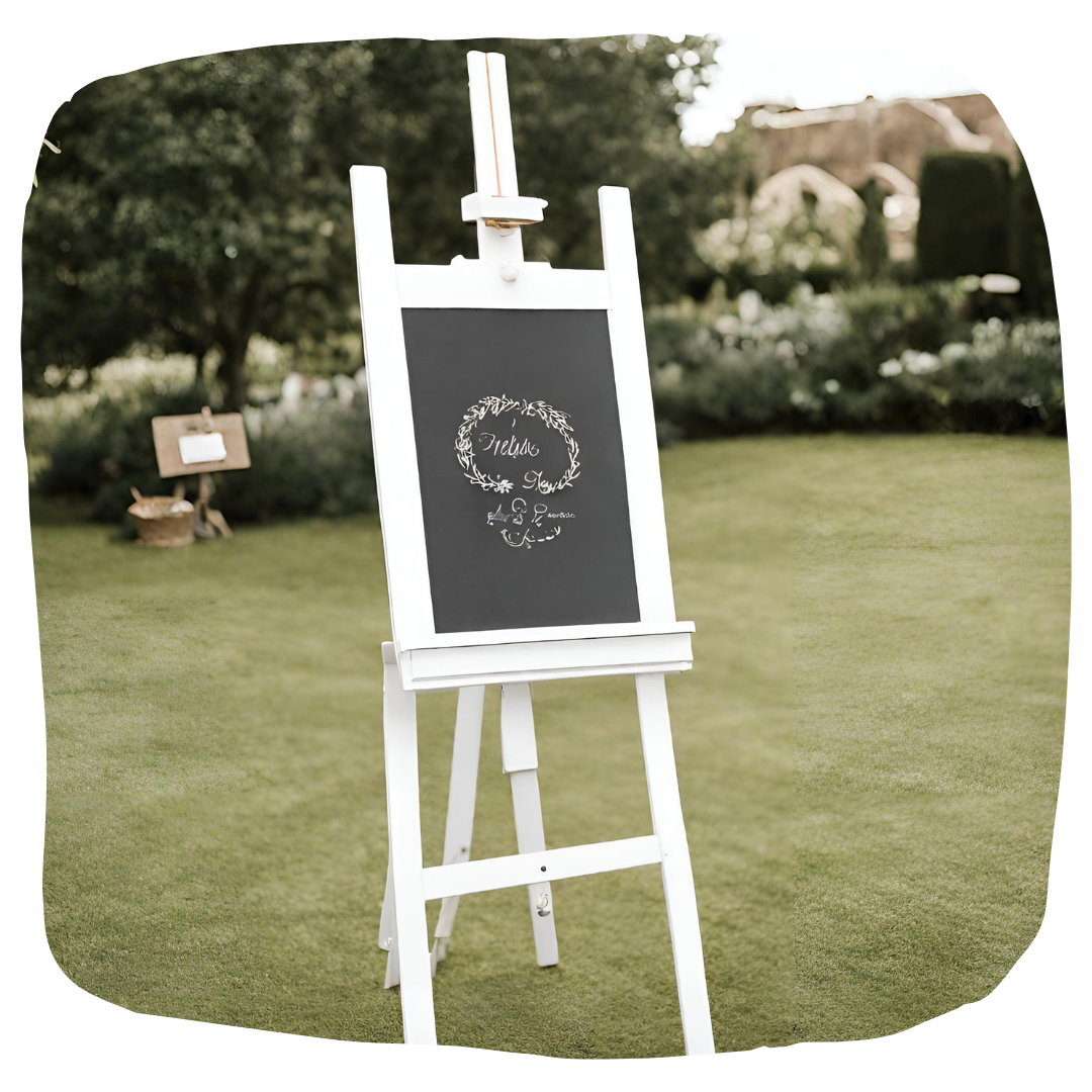 Prop Hire Bucks white wooden easel for wedding decor and event styling available in Buckinghamshire, Bedfordshire, Northamptonshire and Oxfordshire.